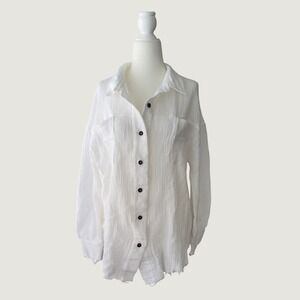 Sewn + Seen White Cotton Gauze Button Up Shirt Oversized Raw Hem Boho